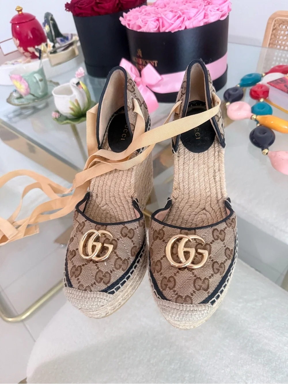 Gucci Brown Beige Monogram Espadrille Wedge Sandals with Gold Double G